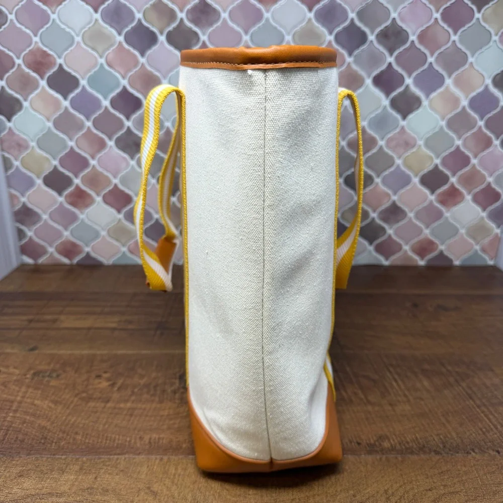 NWOT Striped Canvas XL‎ Tote Bag – Mustard Yellow & Cognac Faux Leather